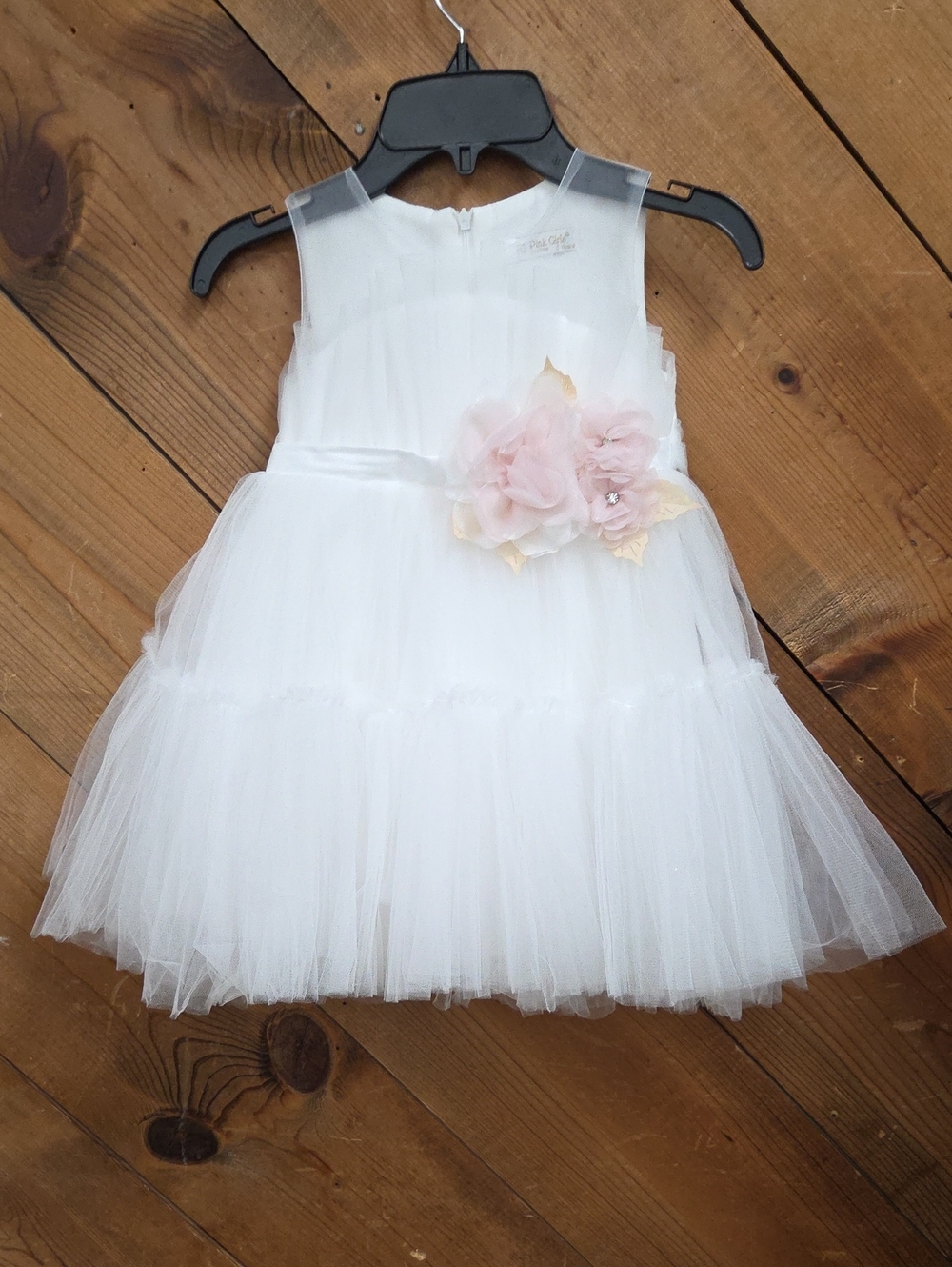 New Pariltim White Tulle Dress with Pink Floral Accent & Headband